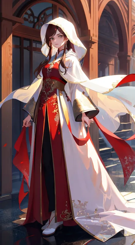 （（8K masterpiece）），Best quality at best，The content is very detailed，（1 girl），Brown hair long，delicated face，Eye focus，wide angles，veil effect。Full body design concept，clothes details，Red dress，White cloak，gemstones for hair，Full body lesbian，