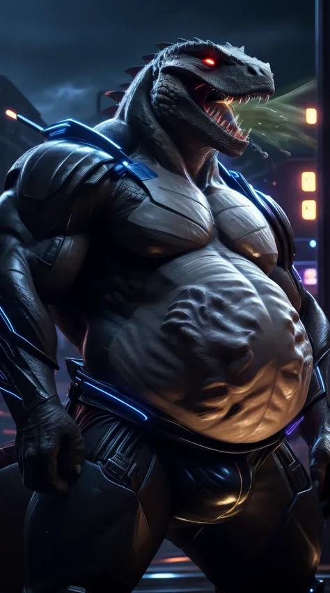 A lizard man with a full belly, muscular, vore, imprint on belly, bulge, illustration, (best quality, 4k, highres, masterpiece:1.2), ultra-detailed, realistic, horror, sharp focus, vivid colors, nighttime lighting, burping up an object, motion lines, futur...