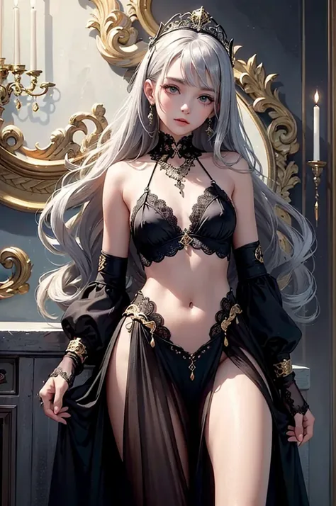 (masterpiece),ultra detaile,best quality,nsfw,nipple,(beautiful skinny well-groomed face-13years old-girl),fantasy,delicate black gothic-lace dress&eyes&gold ornaments&head-wear,long silver wavy hair,shining cold eyes&skin,small bresats,navel,bangs down,