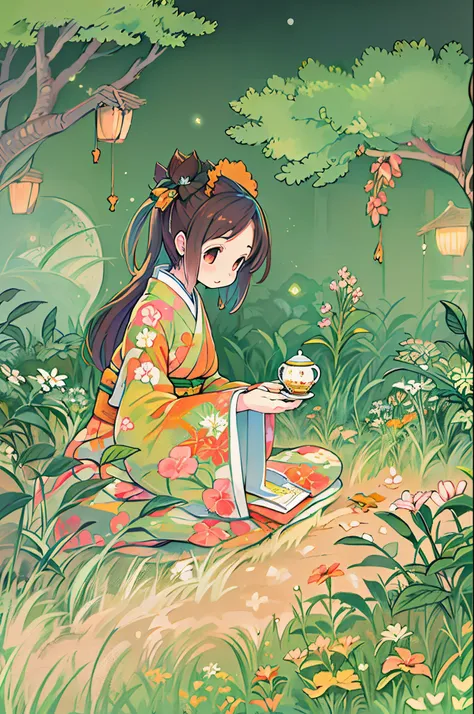 fairytale illustration/Reiko Ikemura, pixabay, simple art, full color illustration, Cute fairy tale illustration, Picture book illustration, Illustration, Girl picking tea in the style of Hayao Miyazaki, In the field, Kimono, Kimono