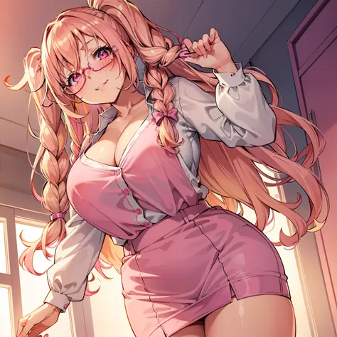 blush, cleavage,glowing aura, natural light, masterpiece,  glossy skin, juicy lips ,long hair, cute, kawaii, adorable, reaching up, adult, cuddle, kawaii clothes,random hair style, random clothes,sexy, hot, , random expression, blonde hair, ((pink highligh...