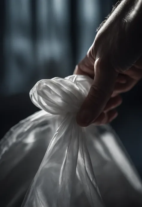 A close-up shot of a plastic bag being tied in a knot, showcasing the intricate folds and the texture of the plastic, creating a visually tactile and detailed image.