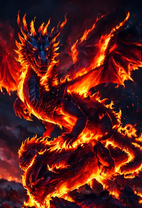 dragon made of flame,fire scales,Bright Red Eyes,Sharp claws and teeth,Massive wings,smoky breath,Huge and powerful, flies in the sky, destroying everything in its path, Dark and dangerous atmosphere,glowing embers and sparks,creative and dramatic art styl...