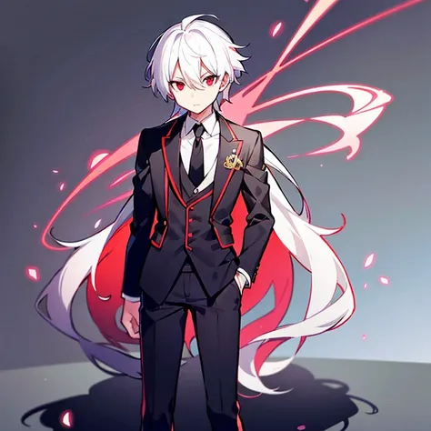 A high resolution,fully body photo、Anime boy with white hair and red eyes staring at camera, Glowing red eyes,Slim, wearing black suits,shadow body,hair messy,almero dere, diagonally