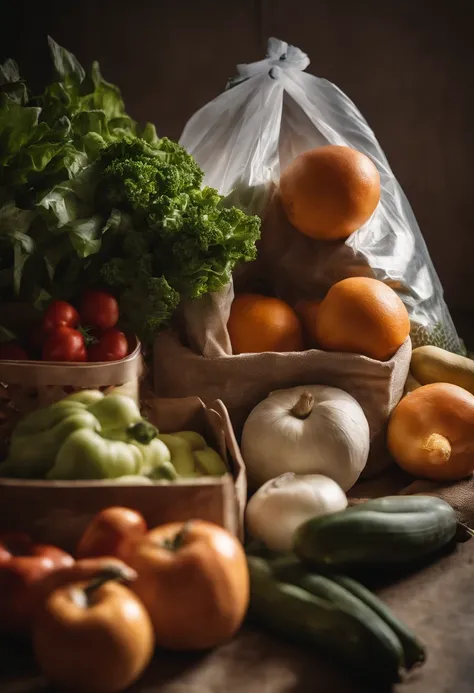 A high-resolution image of a reusable plastic bag filled with groceries, with a variety of fresh produce and pantry items neatly organized inside, creating a visually practical and environmentally conscious scene