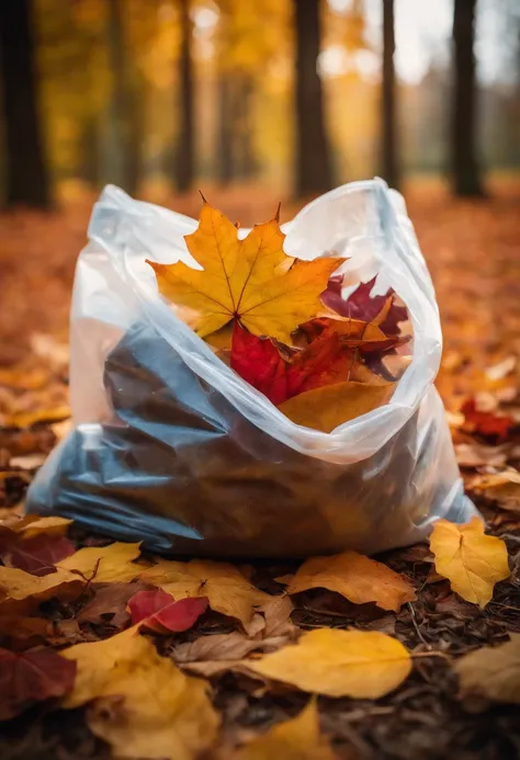 A visually pleasing composition of a plastic bag filled with colorful autumn leaves, with the bag acting as a vessel for capturing the beauty of nature, creating a visually nostalgic and seasonal scene.