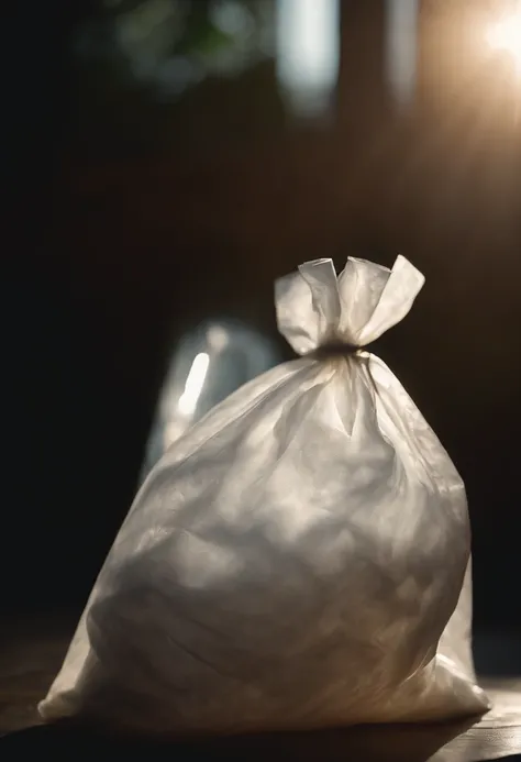 A close-up shot of a plastic bag being held, with the light reflecting off its surface and revealing the subtle imperfections and markings, creating a visually textured and realistic image.