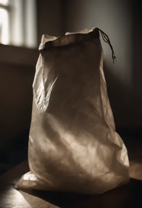 A close-up shot of a plastic bag being held, with the light reflecting off its surface and revealing the subtle imperfections and markings, creating a visually textured and realistic image.