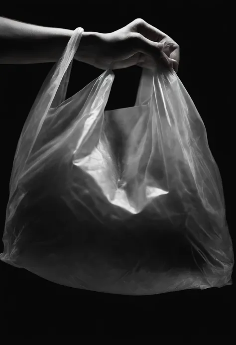 A close-up shot of a plastic bag being held, with the light reflecting off its surface and revealing the subtle imperfections and markings, creating a visually textured and realistic image.