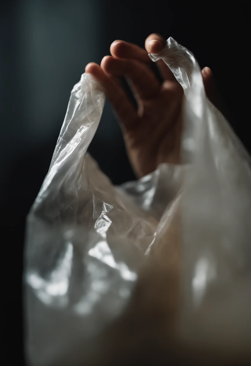 A close-up shot of a plastic bag being held, with the light reflecting off its surface and revealing the subtle imperfections and markings, creating a visually textured and realistic image.