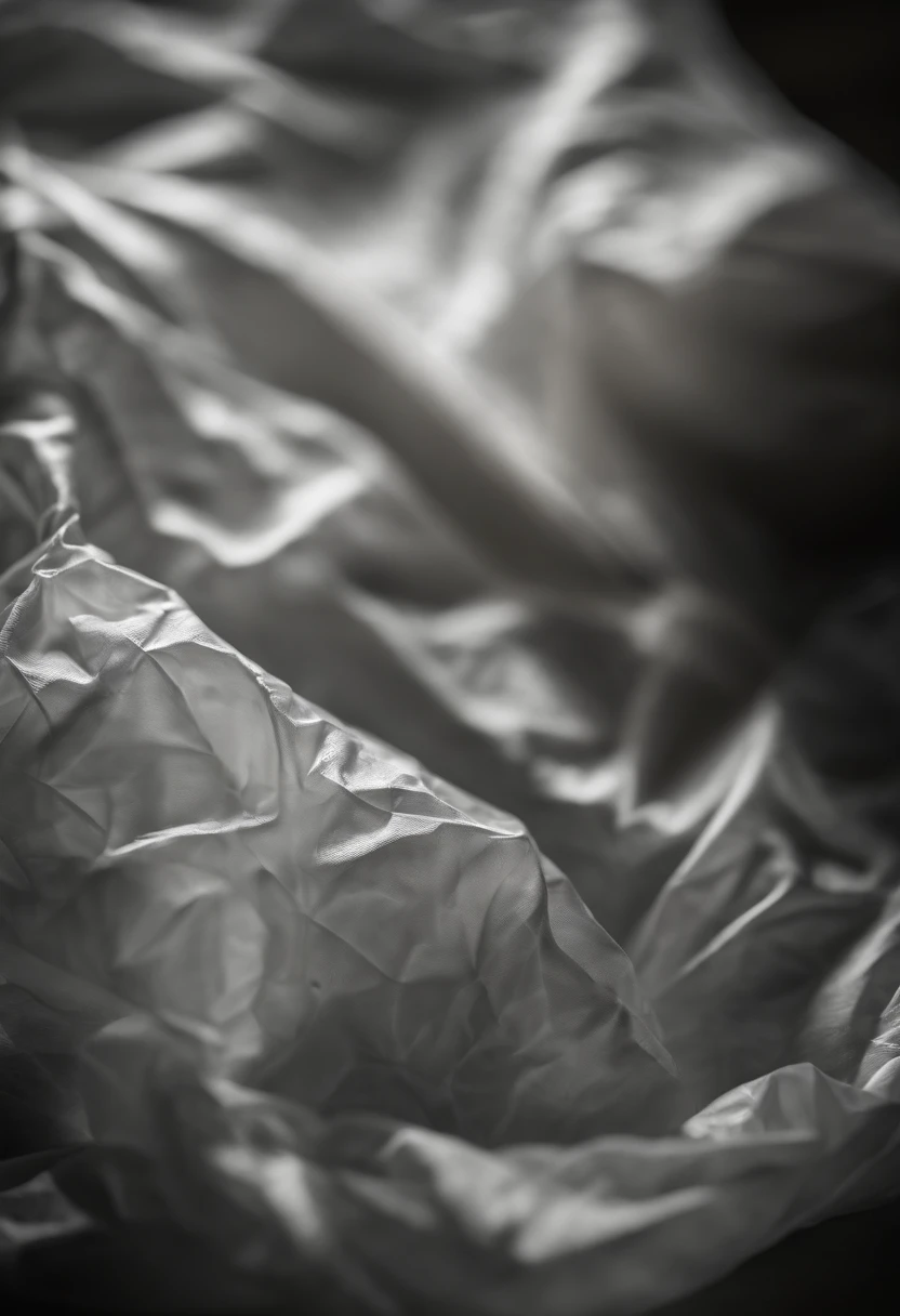 A close-up shot of a plastic bag being crumpled and compressed, with the wrinkles and folds forming intricate patterns and shadows, creating a visually abstract and textured image.