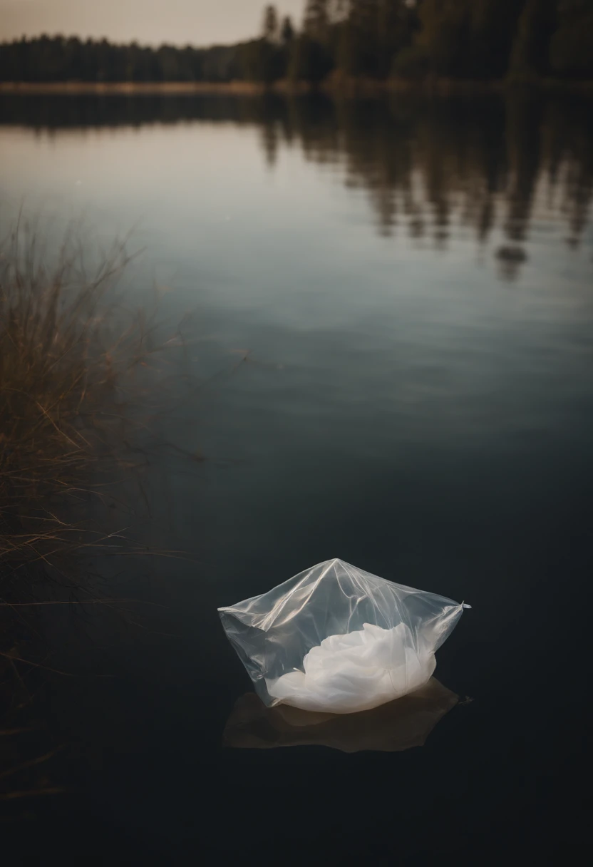 A high-resolution image of a plastic bag floating on the surface of a serene lake, with the ripples and reflections creating a visually serene and peaceful scene.