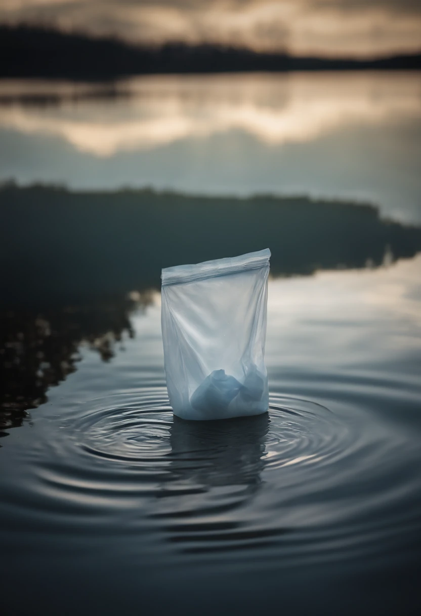 A high-resolution image of a plastic bag floating on the surface of a serene lake, with the ripples and reflections creating a visually serene and peaceful scene.