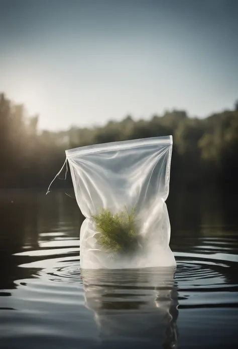 A high-resolution image of a plastic bag floating on the surface of a serene lake, with the ripples and reflections creating a visually serene and peaceful scene.