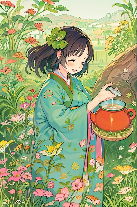 fairytale illustration/Reiko Ikemura, pixabay, simple art, full color illustration, Cute fairy tale illustration, Picture book illustration, Illustration, Girl picking tea in the style of Hayao Miyazaki, In the field, Kimono, Kimono