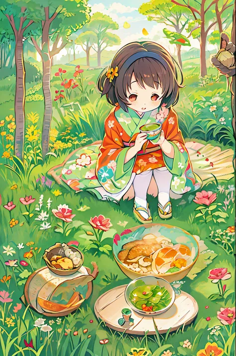 fairytale illustration/Reiko Ikemura, pixabay, simple art, full color illustration, Cute fairy tale illustration, Picture book illustration, Illustration, Girl picking tea in the style of Hayao Miyazaki, In the field, Kimono, Kimono