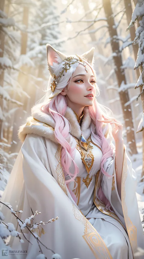 White wolf woman, pretty, Smiling, wolf ears, in mother-of-pearl silk, around there is a snow-covered grove in the sun&#39;s rays, Ultra-detailed, hyper realisitc, Masterpiece, Doubleexposure, looks strictly into the distance, morning frost, golden pink to...