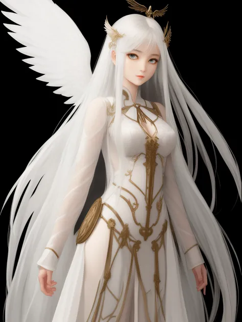 Steampunk beautiful angel girl　long white hair　Fantasia　perfectly proportions　Based on the diagram above、Please draw another variation of the angel。.。　big black sickle　、robe blanche、large white wings