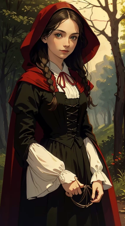 Cinematic Highly colored painting Realistic portrait (extreme close-up, from front) shot of  ((1woman, sensual)), (colonial puritan peasant), dress-up:1.3 in (red:1.5 puritan gowns from 1700s, (red:1.4 ridding hood:1.4 cape)).((medium breasts, holding hers...