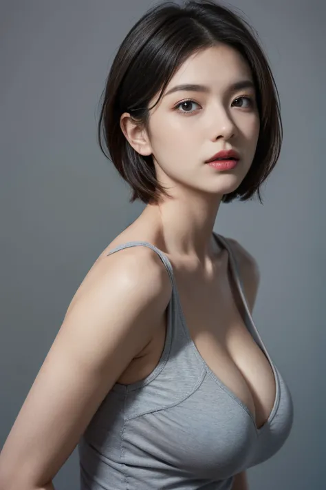 Skin Tight Black Top:1.2, Looking at Viewer, Cinematic lighting, Perfect, softlight, High resolution skin:1.2, Realistic skin texture, Realistic face, off shoulders, Exposed cleavage, Blue eyes, Short hair, dark brown  hair、Bust B Cup、fullnude、Light gray b...