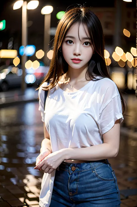 mix4, (8k, raw photo, best quality, masterpiece: 1.2), (realistic, photorealistic: 1.37), 1 girl, cute, cityscape, night, rain, wet, professional lighting, photon mapping, radiosity , physically based rendering