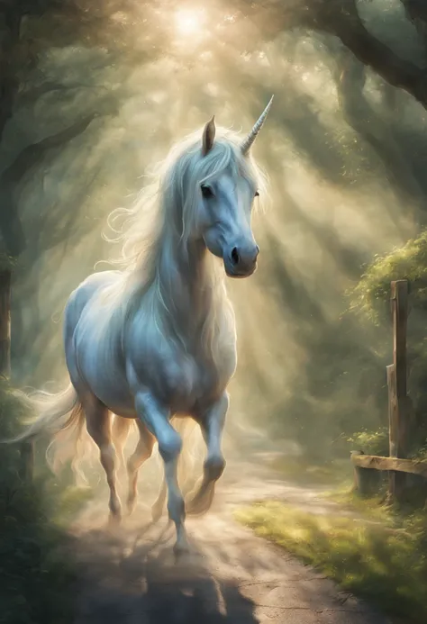 ghost unicorn on a rural street,illustration,ultra-detailed,airy atmosphere,vibrant colors,sunlight filtering through trees,soft and gentle lighting,rustic charm,lush greenery,whimsical surroundings,fairy-tale like setting,ethereal beauty,magic in the air,...