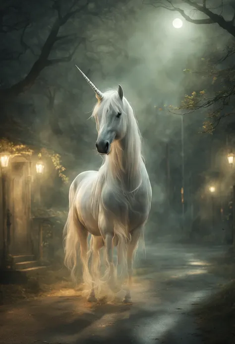 ((ghost unicorn ))On a rural street, illustartion,Ultra-detailed,airy atmosphere, moon light, penetrating trees and unicorn, Soft and gentle lighting,Rustic charm,Lush greenery,whimsical surroundings,Fairytale setting,Unearthly beauty,Magic in the air,Sere...