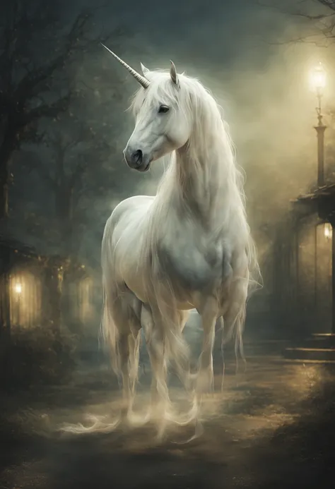 ((ghost unicorn ))On a rural street, illustartion,Ultra-detailed,airy atmosphere, moon light, penetrating trees and unicorn, Soft and gentle lighting,Rustic charm,Lush greenery,whimsical surroundings,Fairytale setting,Unearthly beauty,Magic in the air,Sere...