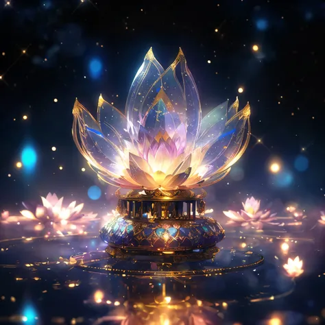 Close-up of flowers with lots of lights in the background, Glowing delicate lotus, magical flowers, floating symbols and crystals, ethereal essence, stunning screensaver, high quality rendering, Gold-plated lotus, background artwork, Ethereal Holographic C...