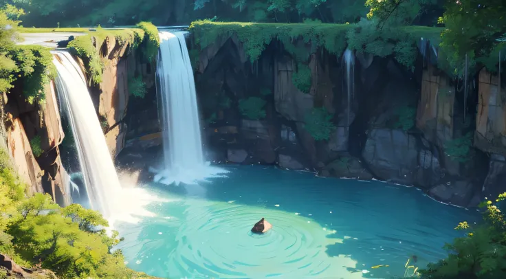 a birds eye view of an branch floating going over the edge of a water fall, animation scene