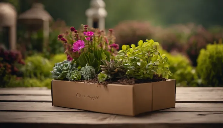 A visually pleasing composition of a cardboard box being repurposed as a planter, filled with vibrant plants and flowers, creating a visually sustainable and natural scene.