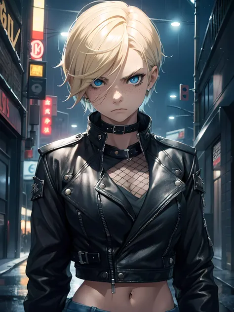 one teenage girl, she had short blond hair, punk hairstyle, blue eyes, she had freckles, wearing a black leather jacket, wearing a torn denim short, fishnet, serious face expression, badass, very dark city, night, rain high res, ultrasharp, 8k