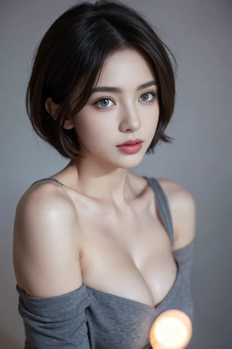 Skin Tight Black Top:1.2, Looking at Viewer, Cinematic lighting, Perfect, softlight, High resolution skin:1.2, Realistic skin texture, Realistic face, off shoulders, Exposed cleavage,Slender body type、Blue eyes, Short hair, dark brown  hair、Bust B Cup、full...