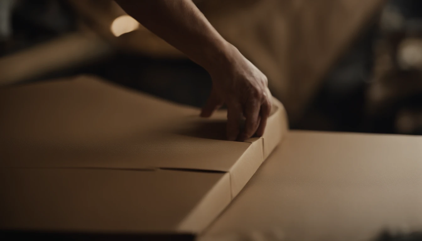 A close-up shot of a cardboard box being flattened and folded, with the intricate folds and creases capturing the versatility and flexibility of this material, creating a visually dynamic and adaptable image.