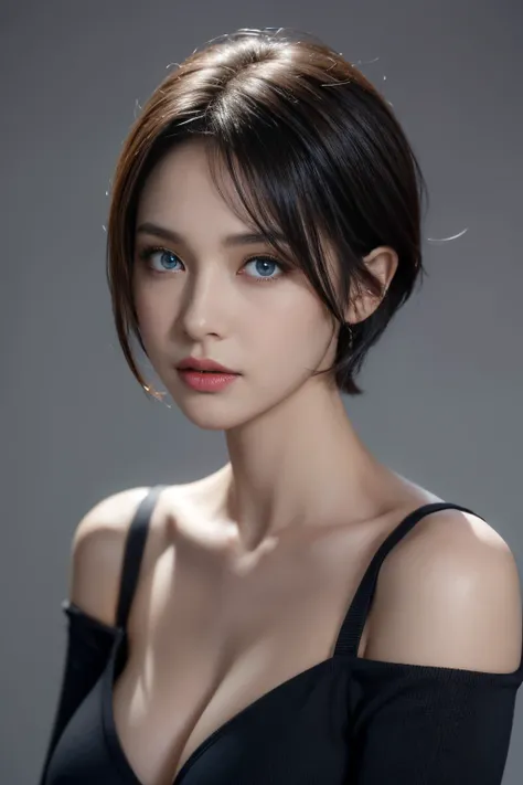 Skin Tight Black Top:1.2, Looking at Viewer, Cinematic lighting, Perfect, softlight, High resolution skin:1.2, Realistic skin texture, Realistic face, off shoulders, Exposed cleavage,Slender body type、Blue eyes, Short hair, dark brown  hair、Bust B Cup、full...