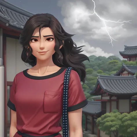 cartoon woman in red shirt standing in front of a building with a sky background, stylized urban fantasy artwork, japanese lightning goddess, inspired by Torii Kiyomitsu, inspired by Chizuko Yoshida, inspired by Torii Kiyomasu, inspired by Itō Shinsui, ins...