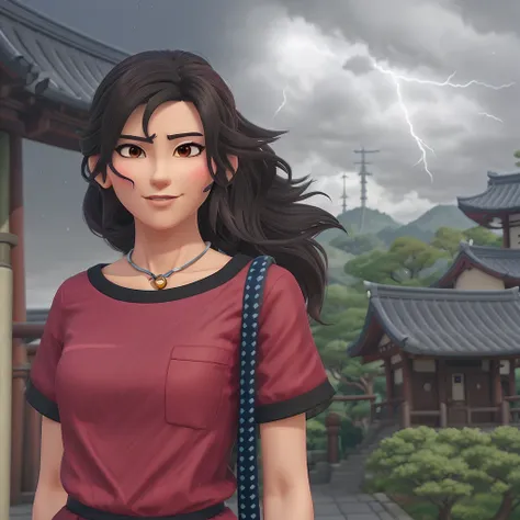 cartoon woman in red shirt standing in front of a building with a sky background, stylized urban fantasy artwork, japanese lightning goddess, inspired by Torii Kiyomitsu, inspired by Chizuko Yoshida, inspired by Torii Kiyomasu, inspired by Itō Shinsui, ins...