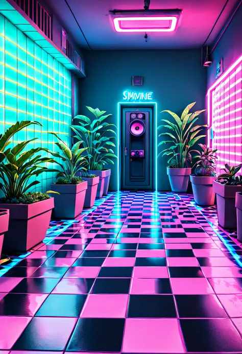 wave art style,  checkered floor,  indoors,  neon lights,  no humans,  plant,  potted plant,  scenery,  speaker,  tile floor,  t...