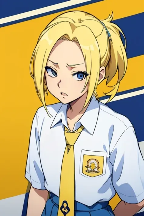 masterpiece, best quality, ino yamanaka, yellow  hair, anime style, animation style, wearing indonesian high school uniform, blu...