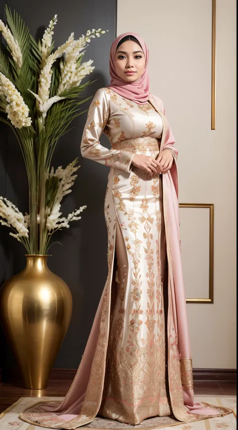 RAW, Best quality, high resolution, masterpiece: 1.3), beautiful Malay woman in hijab (iu:0.8)1beautiful  Malay woman in hijab ,((big breast)),soft smile, there is a woman standing next to a vase with flowers, wearing an ornate outfit, wearing an elegant t...