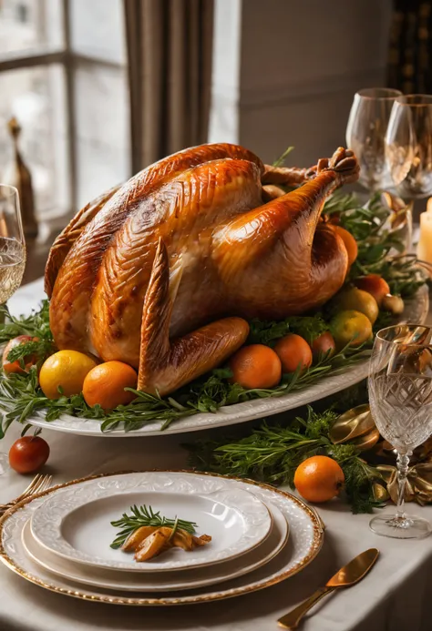 On a grand dining table adorned with elegant tableware, a beautifully presented turkey dish takes center stage. The golden-brown turkey, perfectly carved and garnished with fresh herbs, exudes an irresistible aroma. The serving plate, embellished with intr...