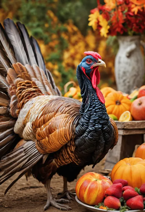 In a lively and bustling farmyard, a vibrant and spirited turkey proudly displays its colorful plumage. The turkey exudes an air of vitality and energy as it struts confidently, its feathers shimmering in the sunlight. Surrounding the majestic bird, a boun...