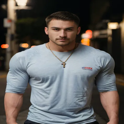 (best quality, masterpiece:1.2, super high resolution, ultra-detailed, realistic:1.37), photorealistic, single, 1 boy, street, muscular, volumetric lighting, depth of field, facial hair, fitness trainer