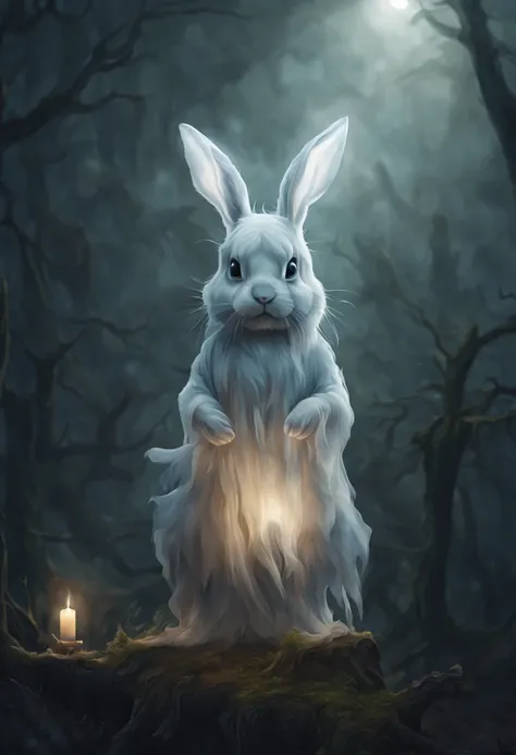 (((ghost bunny ))) cute air creature, sitting on a stump in the night forest, moon light,Magic in the air,Serene and peaceful atmosphere,A hint of fog in the distance,Fabulous quality,endless photorealistic details