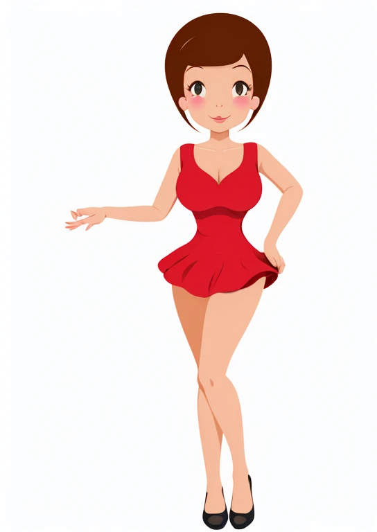 mulher de desenho animado com vestido vermelho apontando para algo, menina usa um vestido vermelho, is wearing a swimsuit, vestindo malha, menina bonito vestindo o terno do tanque, full body cute young lady, figura da menina, Ballet style pose, usando um v...