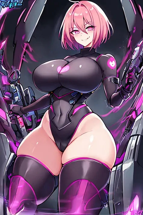 1girl, 2d, anime style, anime screencap, large breasts, thick thighs, wide hips, pink hair, very short hair, dark persona, corruption, hypnosis, mind control, bodysuit, pubic tattoo, futuristic, tech, science-fiction, machinery, heart-shaped pupils, smile,...