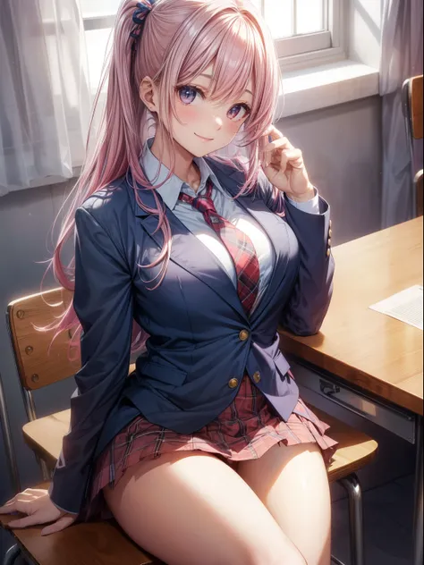 top-quality、Full limbs、complete fingers、one beautiful women、Beautiful Large Breasts、poneyTail、Pink hair、((Navy blue blazer:1.3))、White Y-shirt、The second button of the shirt is open、loose red tie、Red plaid miniskirt、A big smile、schools、‎Classroom、Sunset th...