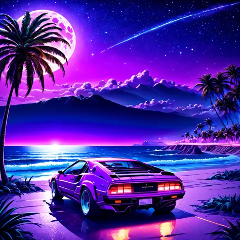 best quality,masterpiece,ultra high res,car,tree,ground vehicle,palm tree,motor vehicle,no humans,star (sky),vehicle focus,outdo...