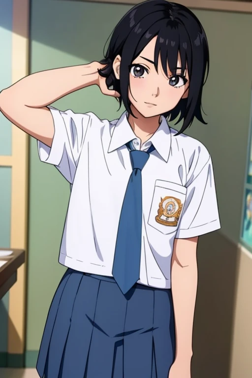 1girl,masterpiece, best quality, tenten , black  hair, anime style, animation style, wearing indonesian high school uniform, blu...