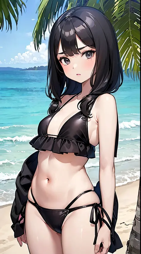 A dark-haired　(9 year old girl:1.5)　(chiquita:1.5) long shiny black hair　Aligned bangs　(flat boobs:1.5)　(small tits:1.5)　(White Bikini:1.5)　sand beach　Eversummer　(the beach:1.5)